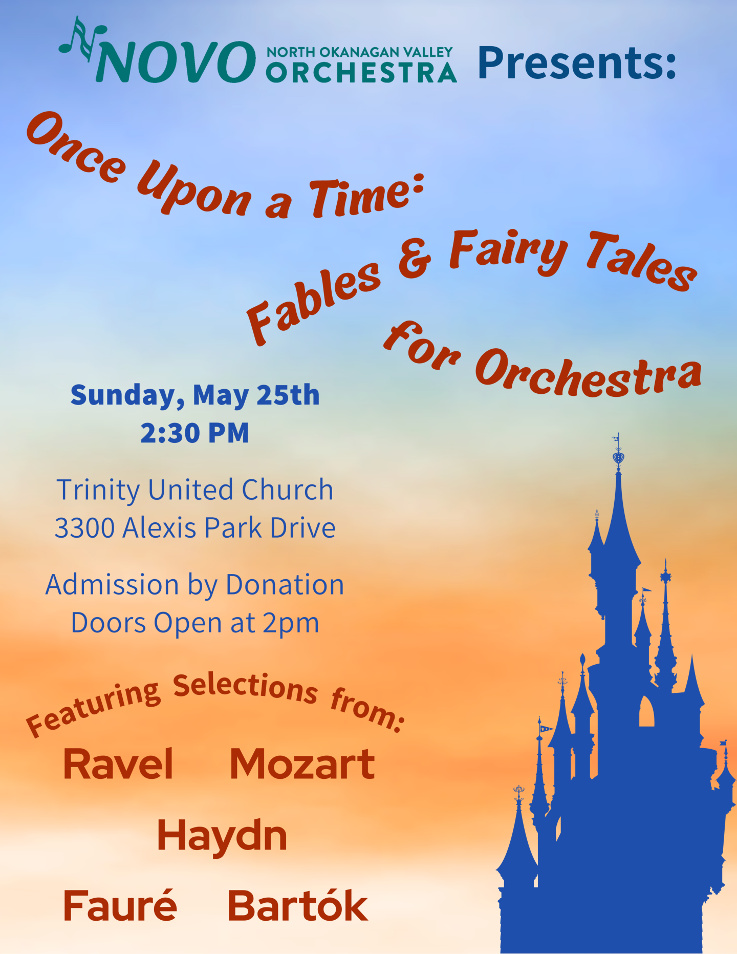 The North Okanagan Valley Orchestra poster for May 25, 2025 concert: Once Upon a Time ~ Fables and Fairy Tales for Orchestra