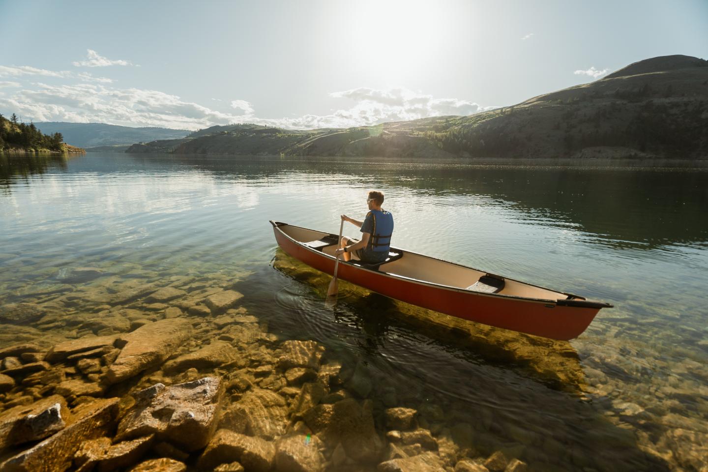 man in canoe on lake