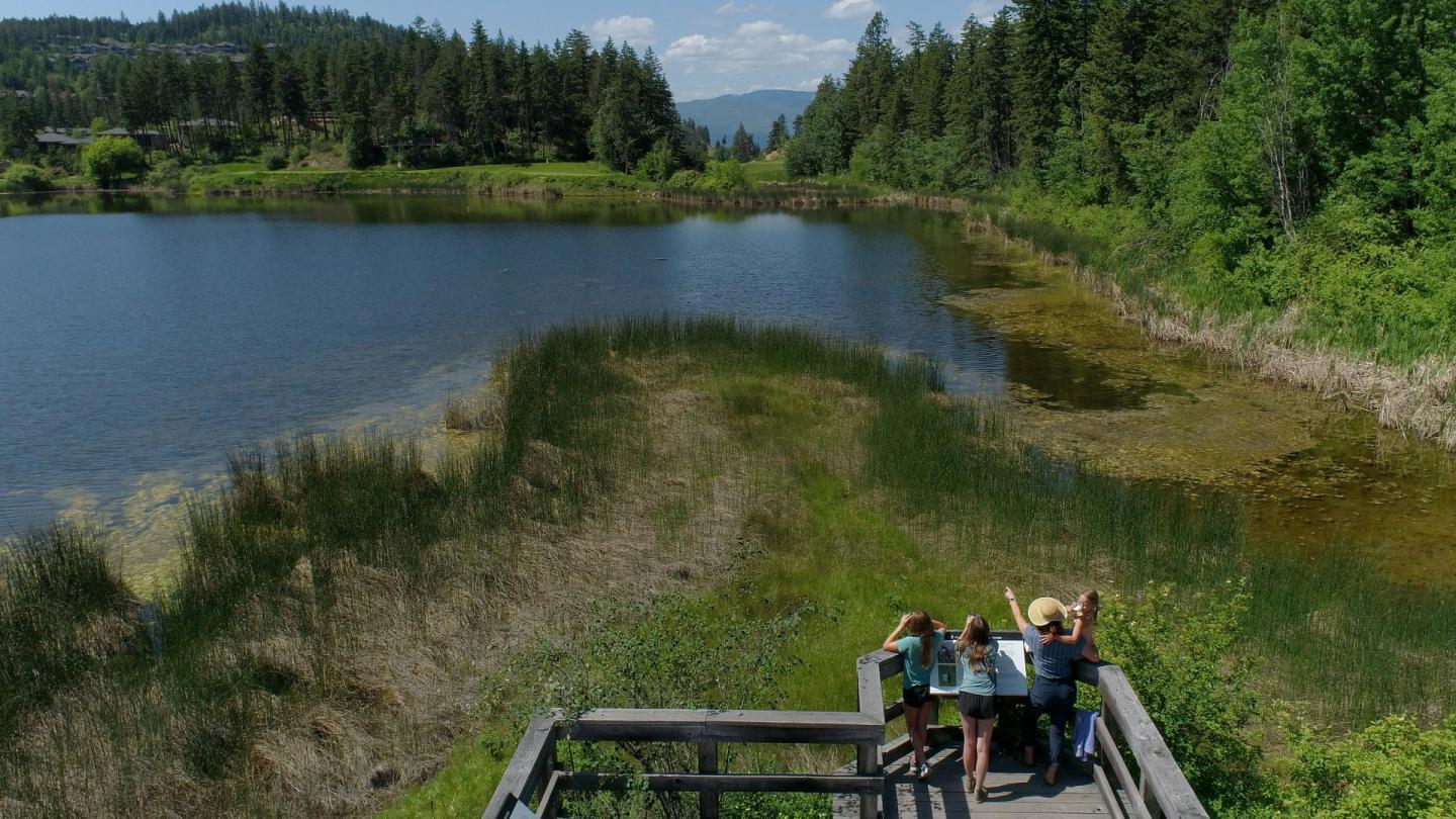 family standing on lookout near lake