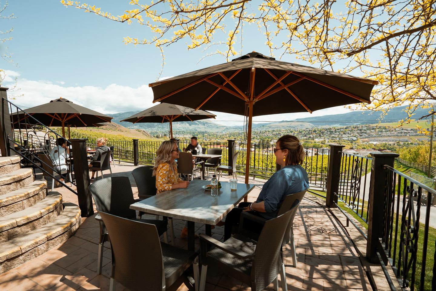 people sitting on sunny patio