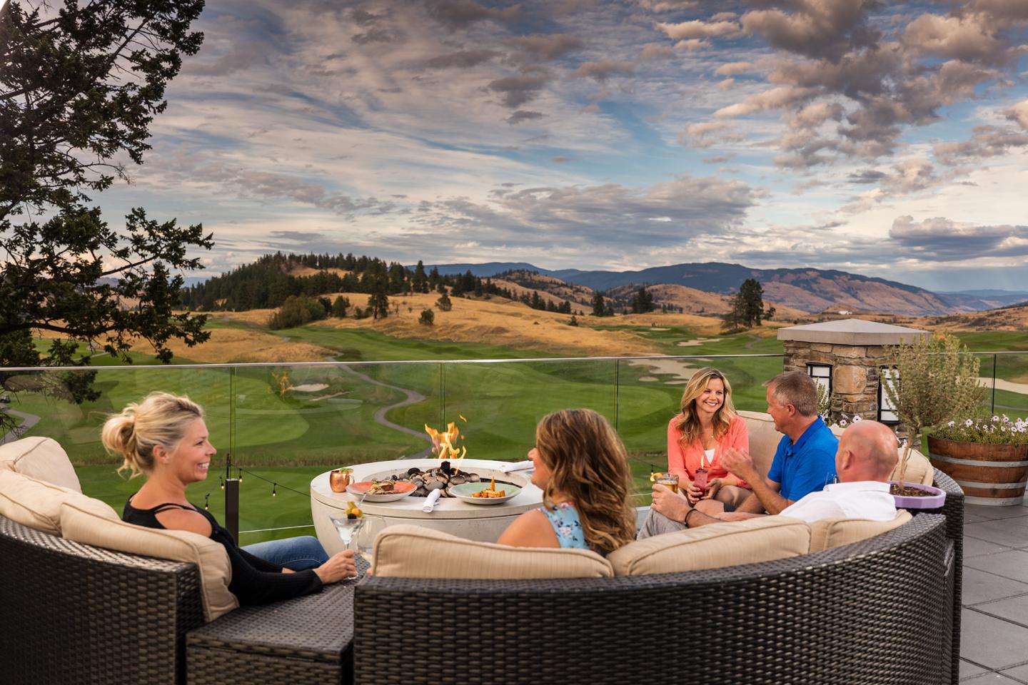 people sitting on golf course patio