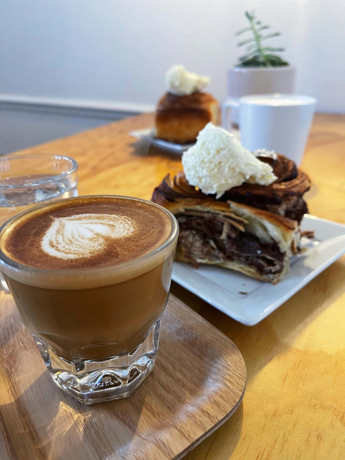 coffee and cinnamon bun