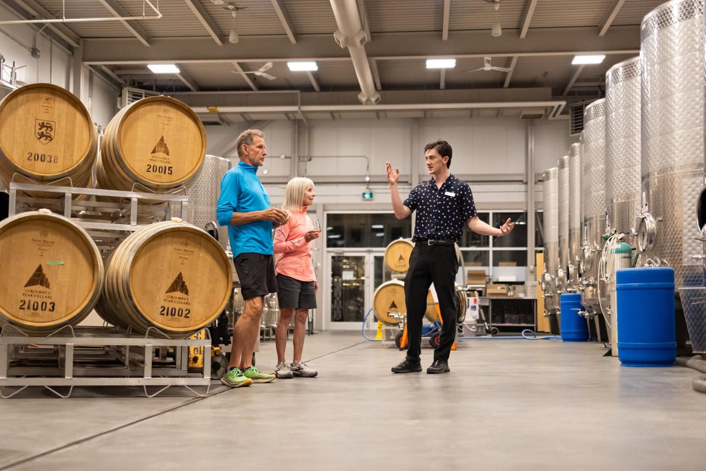 people touring wine making facility
