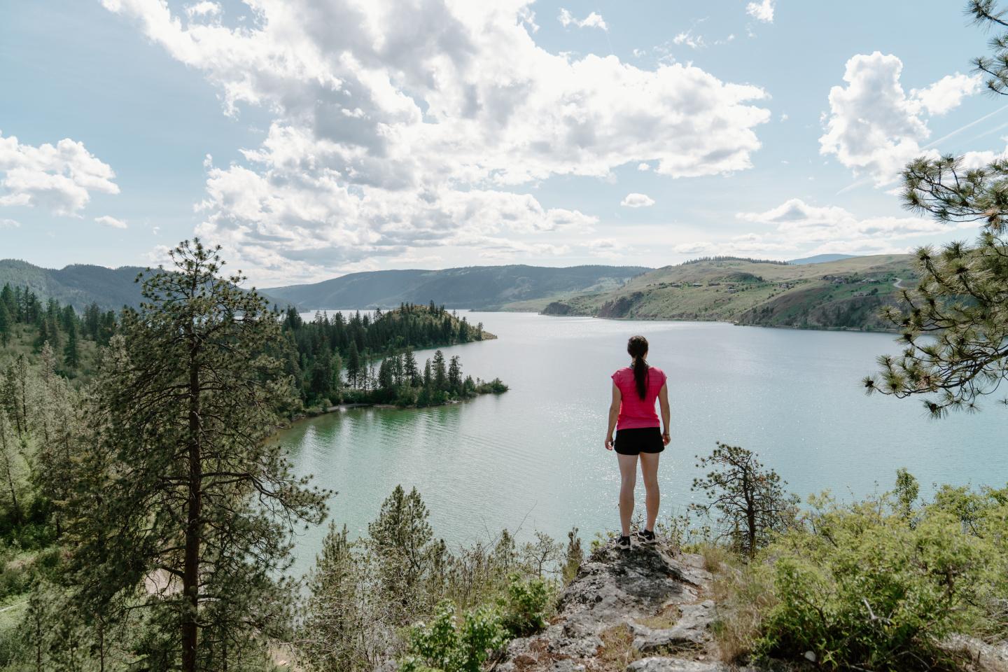person looking at view of lake