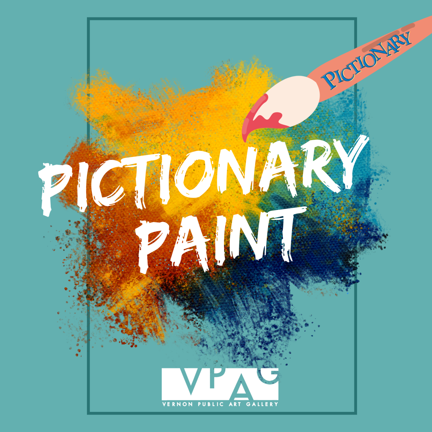 a poster of a splattered paint with the words Pictionary Paint in the center, and a paint brush with the word Pictionary on the brush.