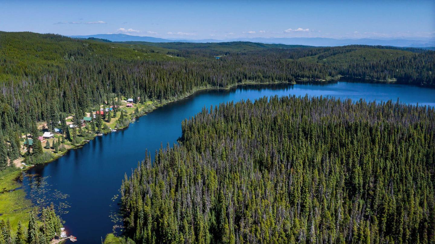 view of lake with cabins along the shoreline