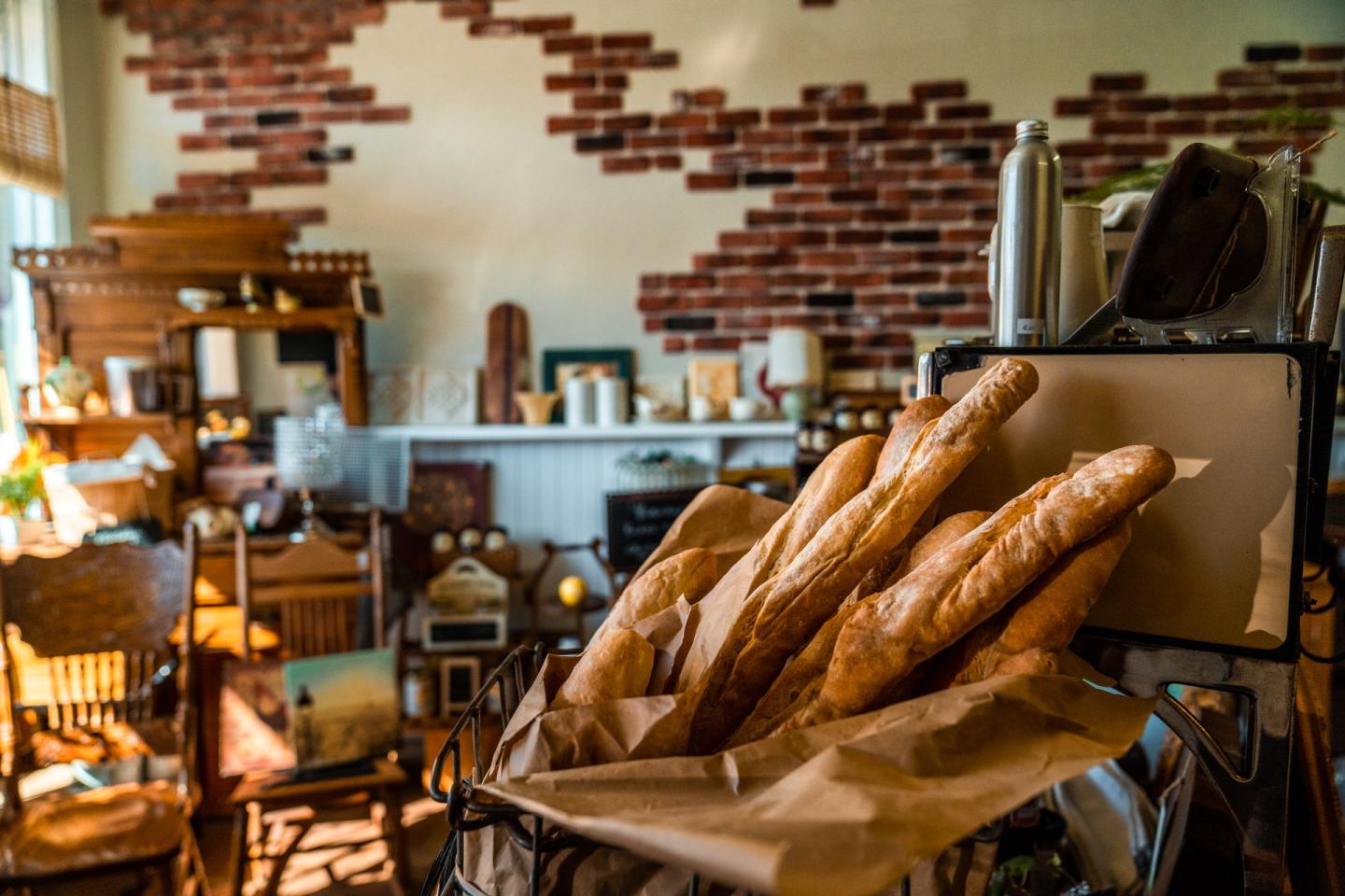Fresh baked bread displayed in store