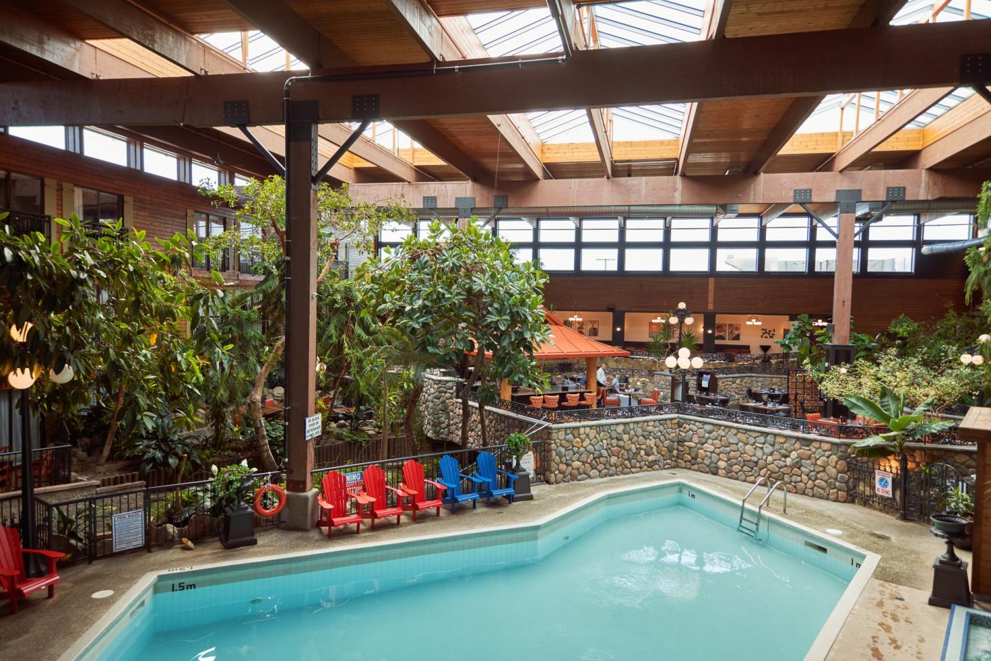 pool in tropical atrium at hotel in Vernon, BC