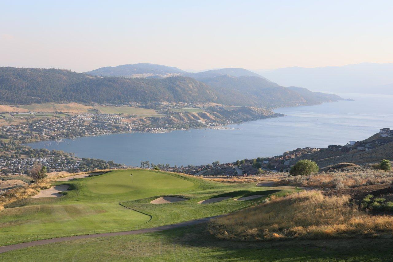 View of a golf course and lake from the Edge Restaurant