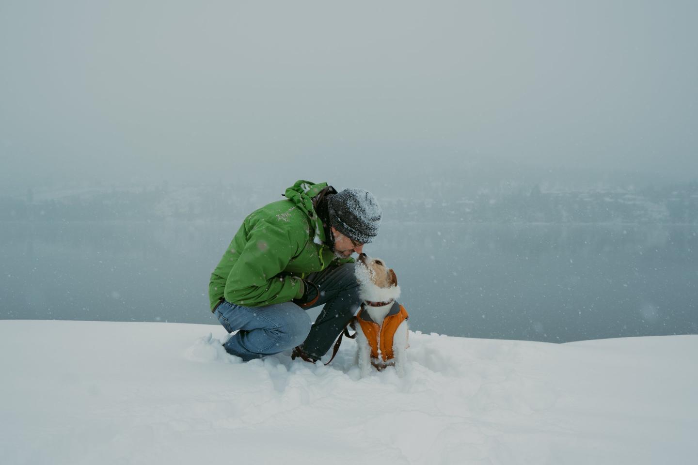 person with dog in fresh snow