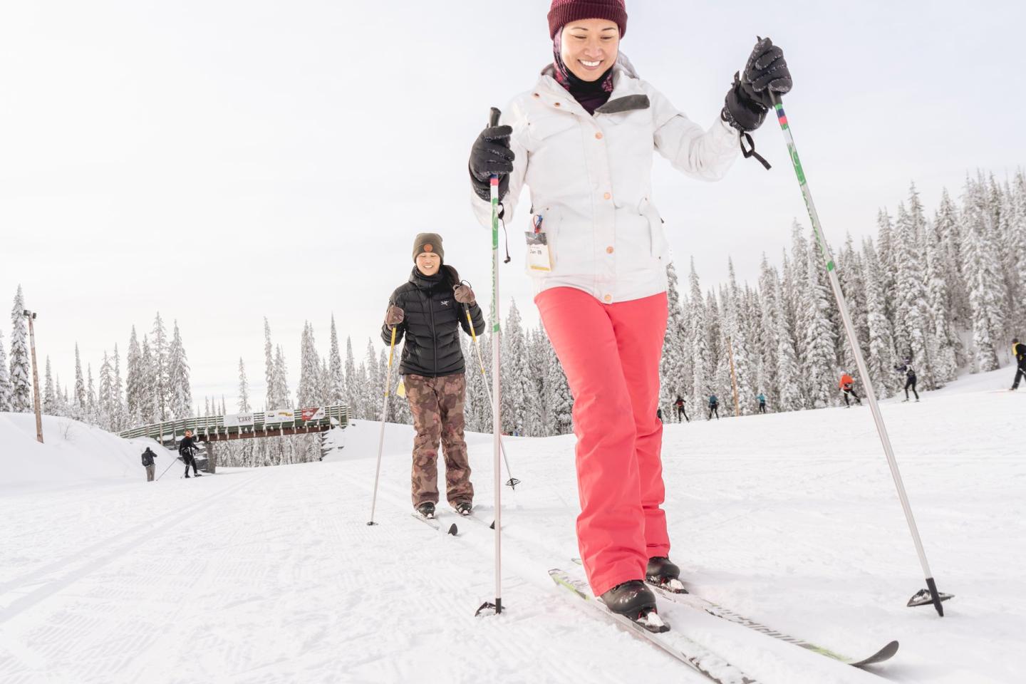 two people cross country skiing