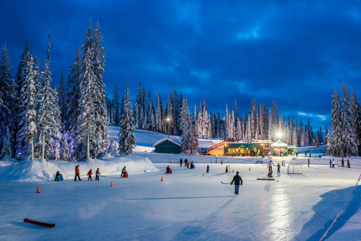 winter evening at a pond with ice skating and snow covered trees