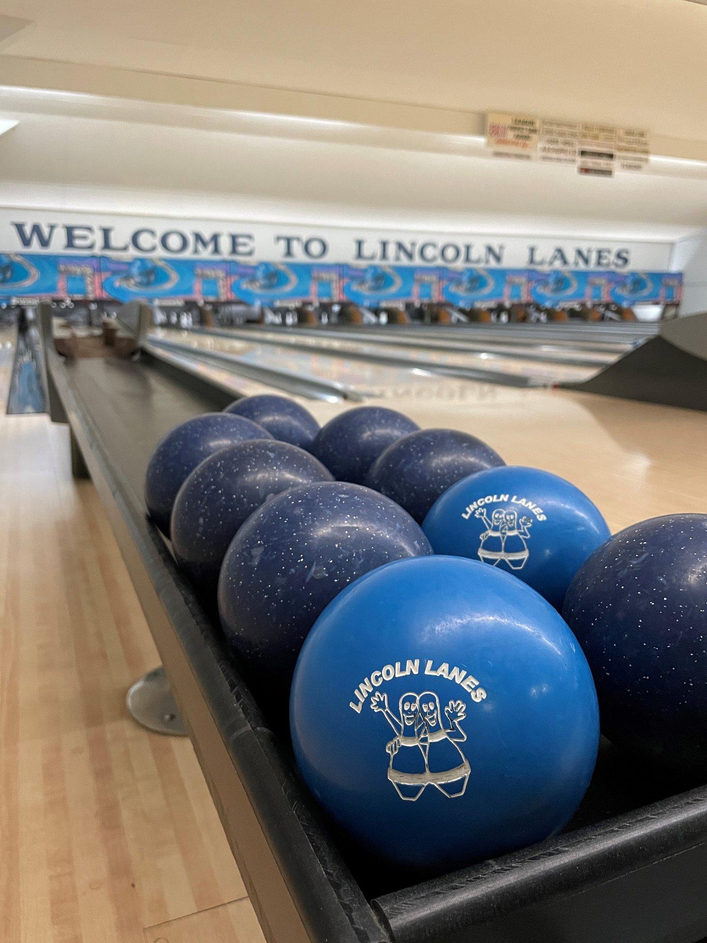 Blue bowling balls at Lincoln Lanes