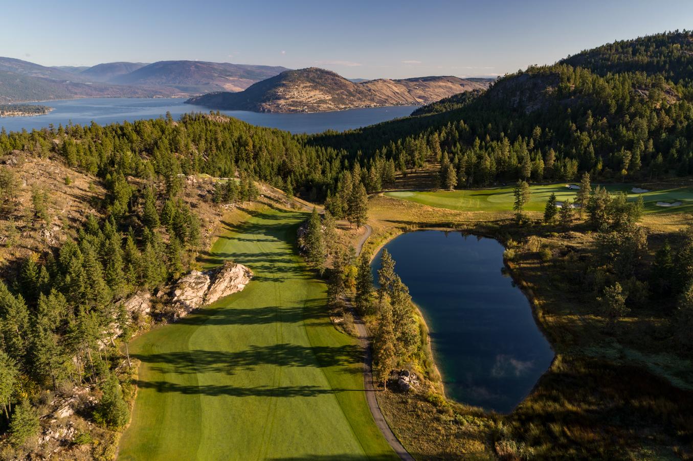 Aerial view of Predator Ridge's Ridge Course with lake in background