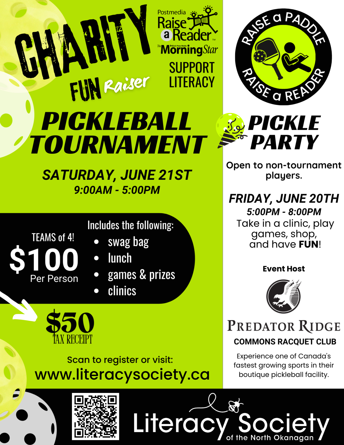 This is a flyer with pickleball graphics.