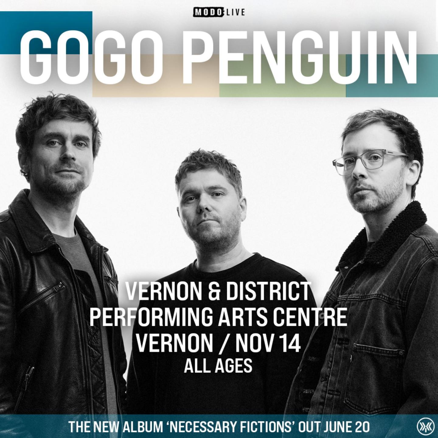 Three men in black jackets, promotional band photo. 