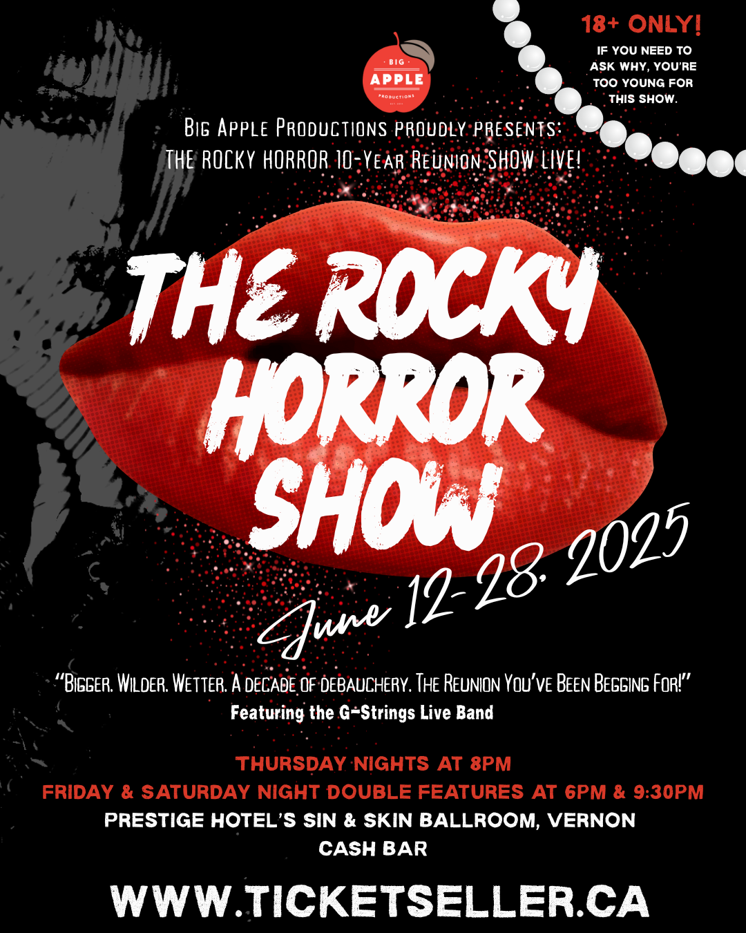 Bold red lips with "The Rocky Horror Show" text, dark background.