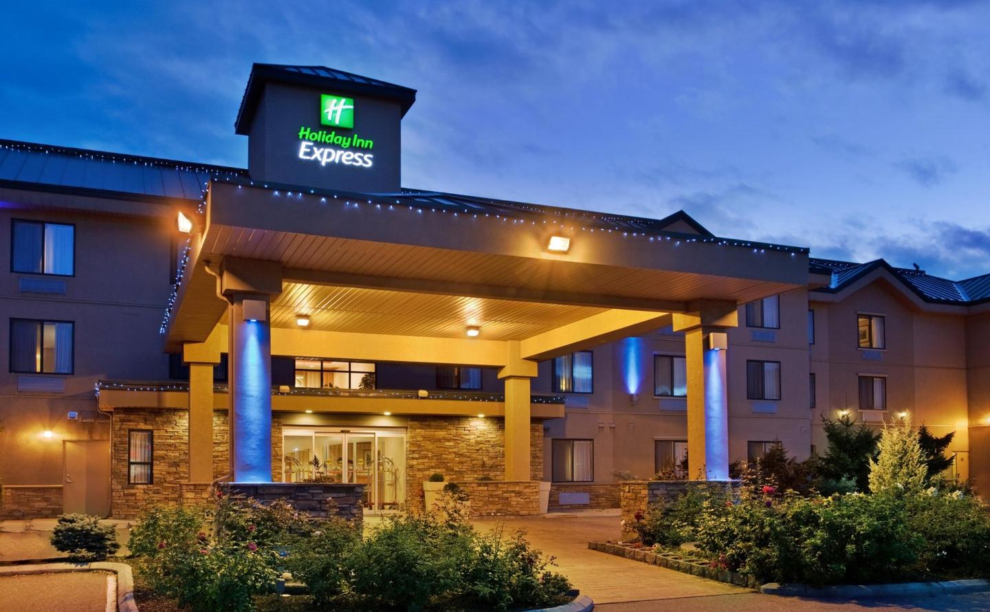 exterior of a hotel at blue hour