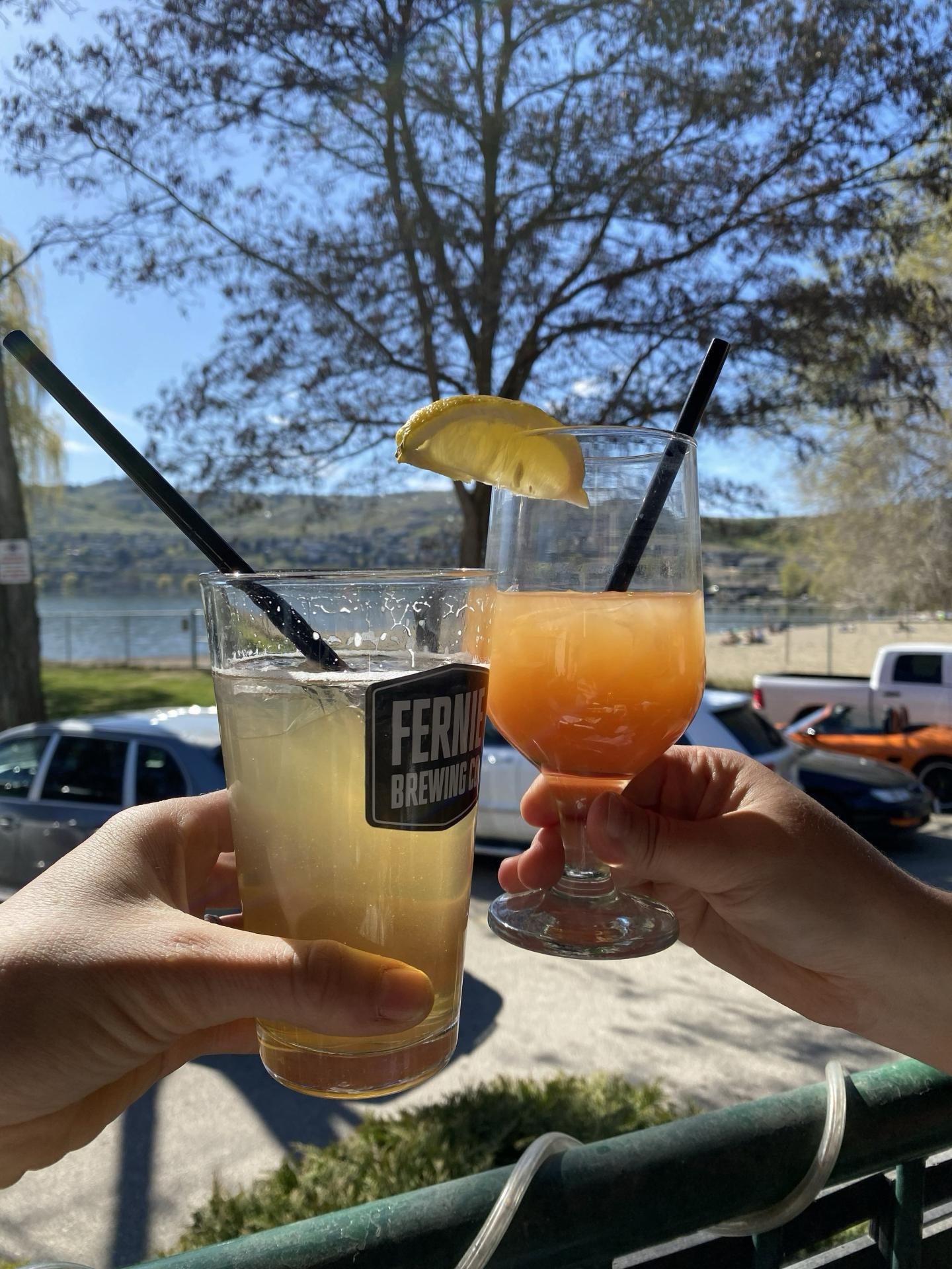 Two hands toasting with drinks outdoors, trees and a lake in the background.