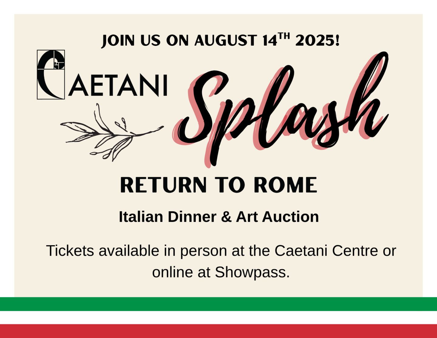 Caetani Splash event flyer with text on a cream background.