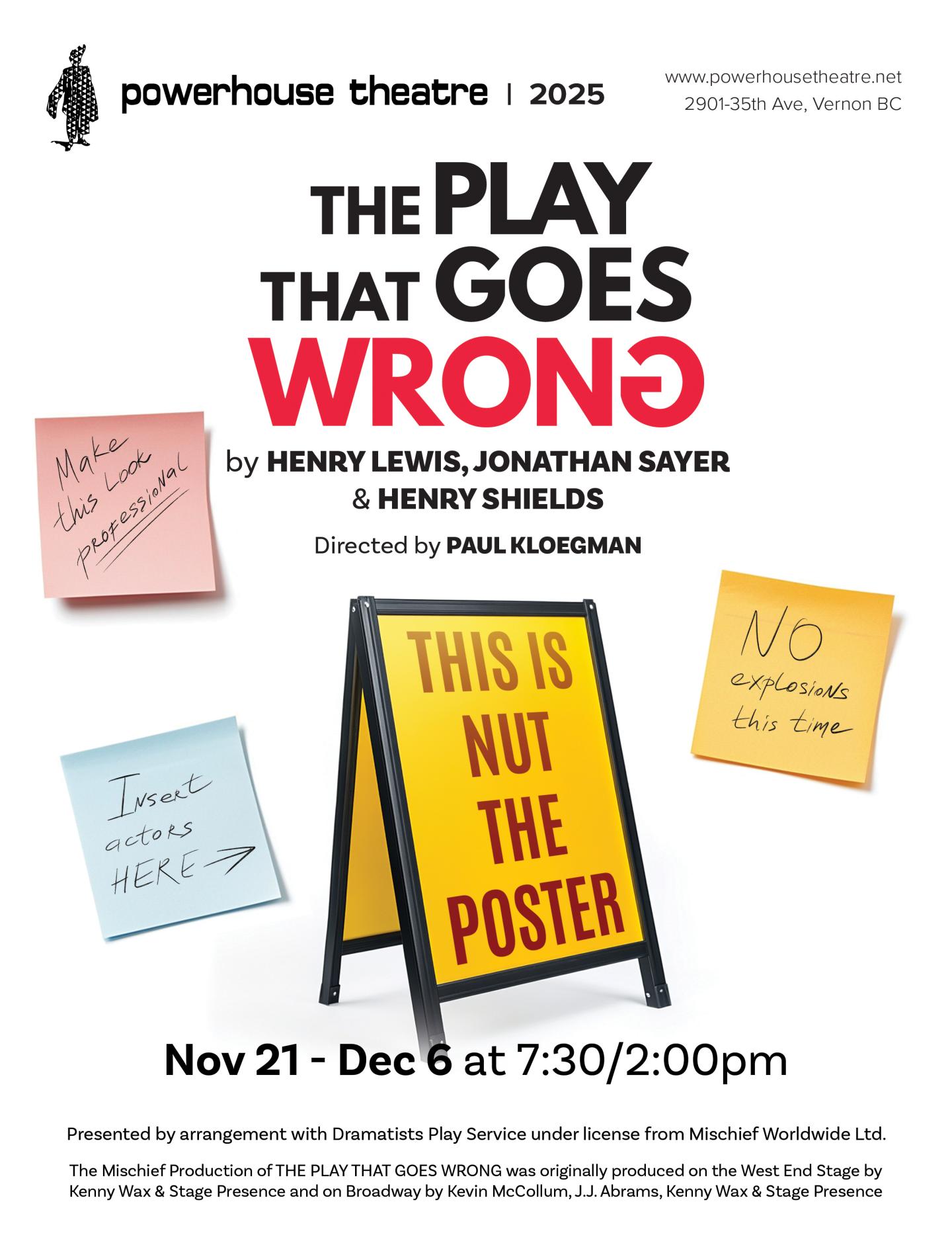 Theater poster with humorous sticky notes and play details.