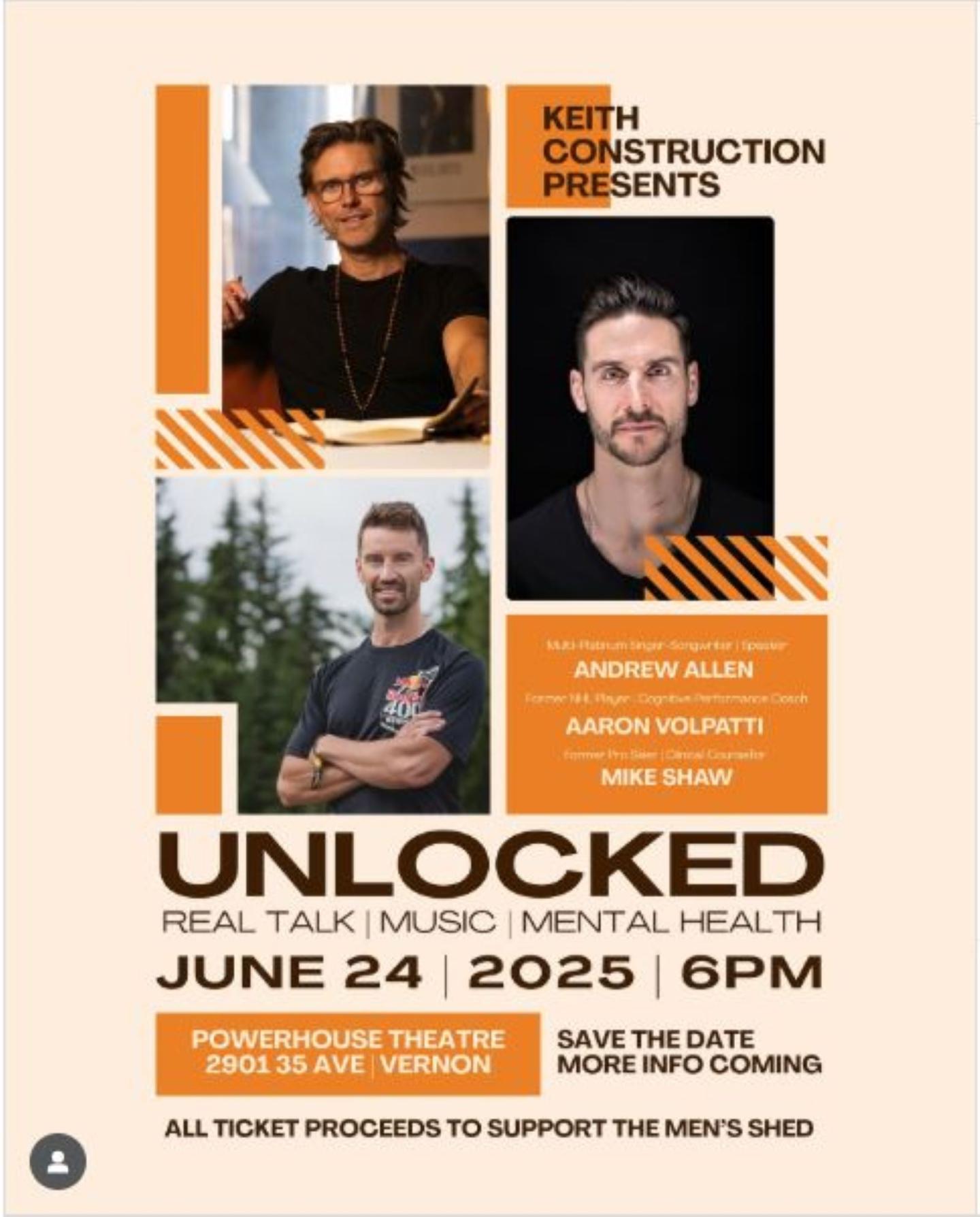 Event poster with three men's photos, titled "Unlocked," scheduled for June 24, 2025.