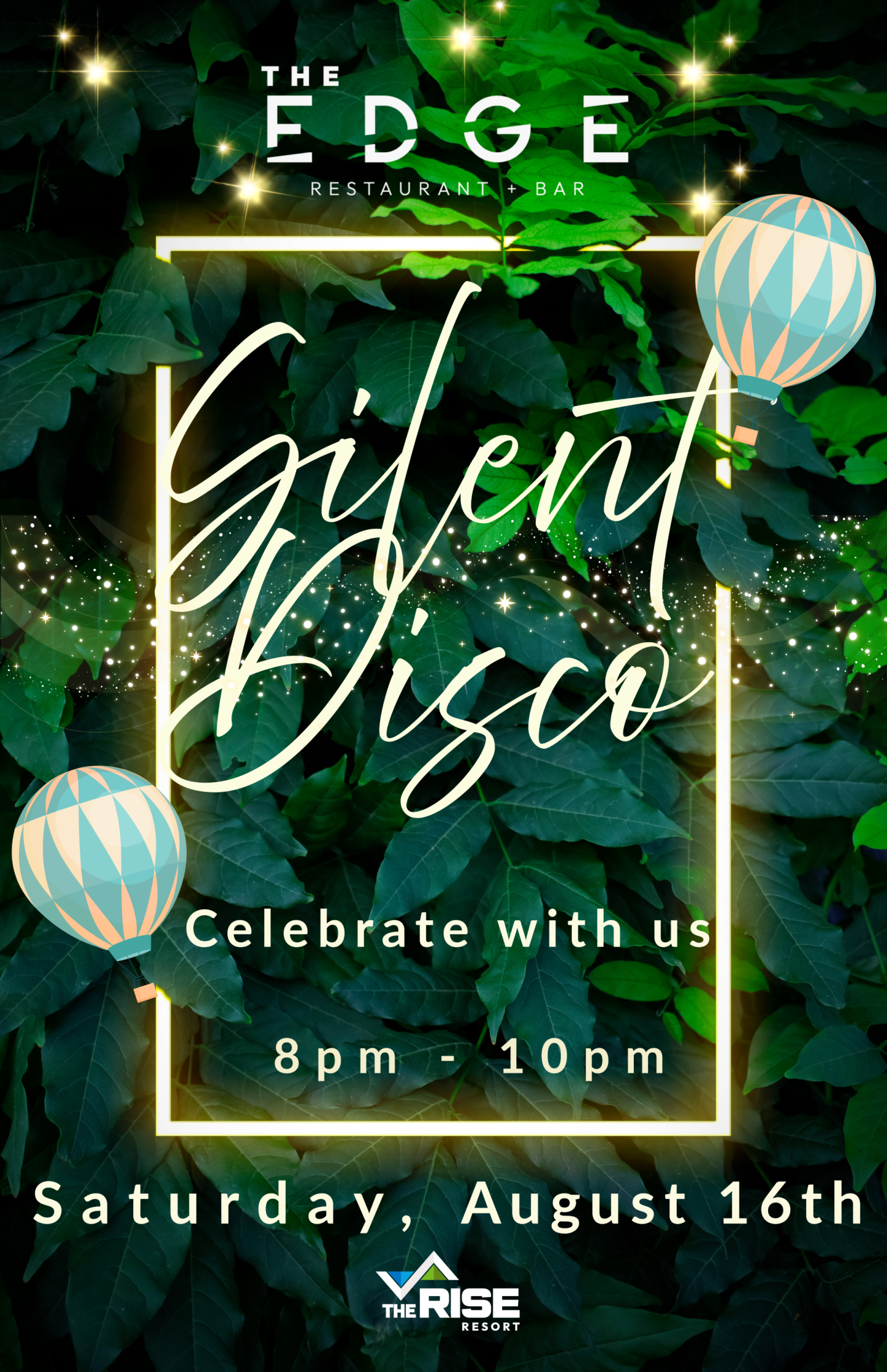 Silent disco event poster with green leaves and glowing lights.