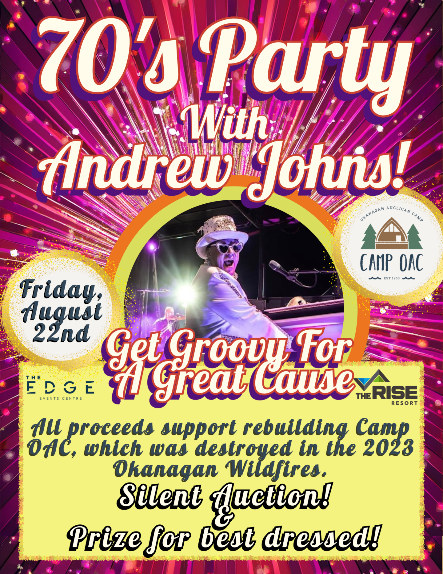70's themed party poster with groovy design and Friday event details.