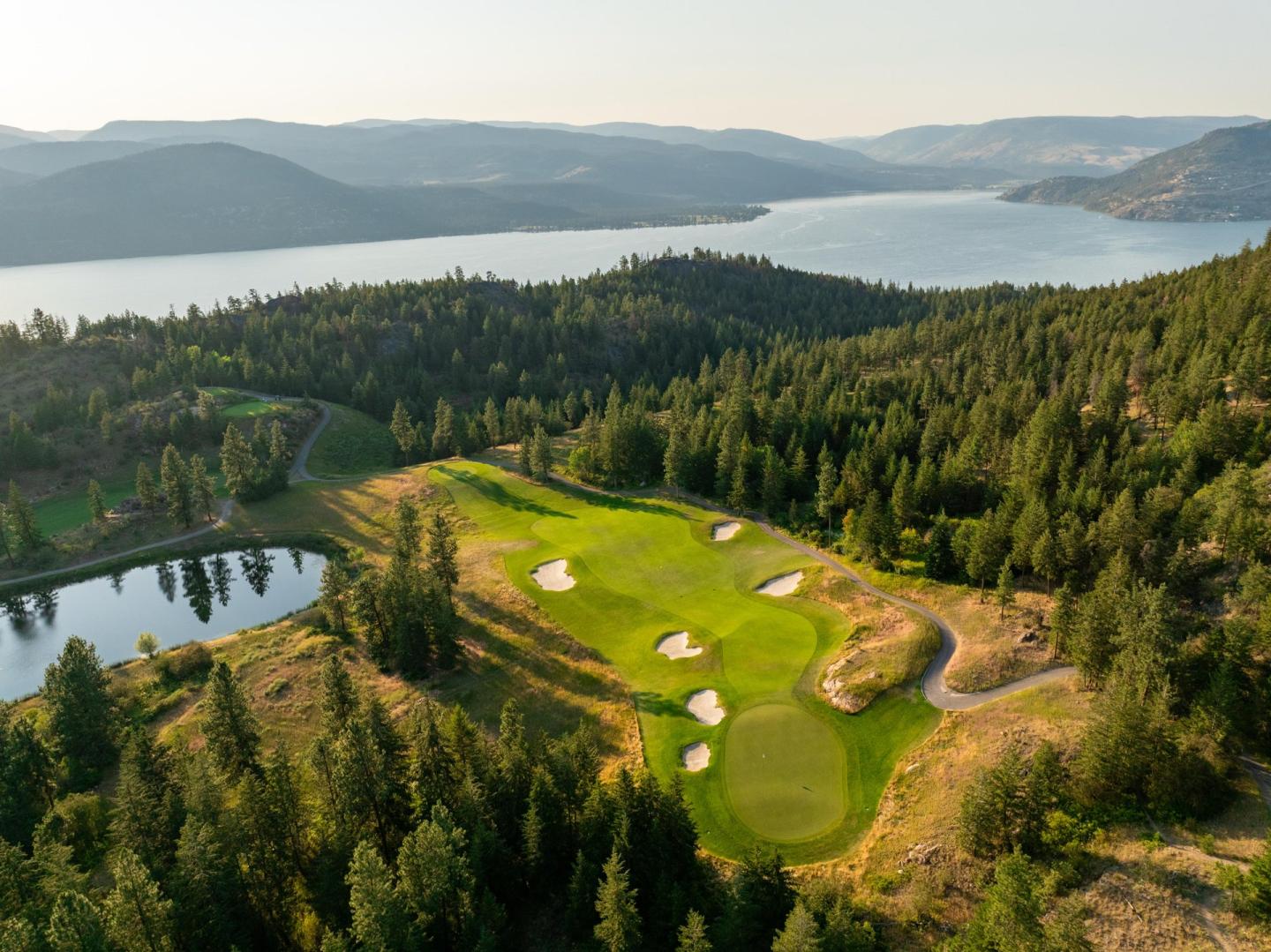 Aerial view of a lush golf course surrounded by trees and a lake.