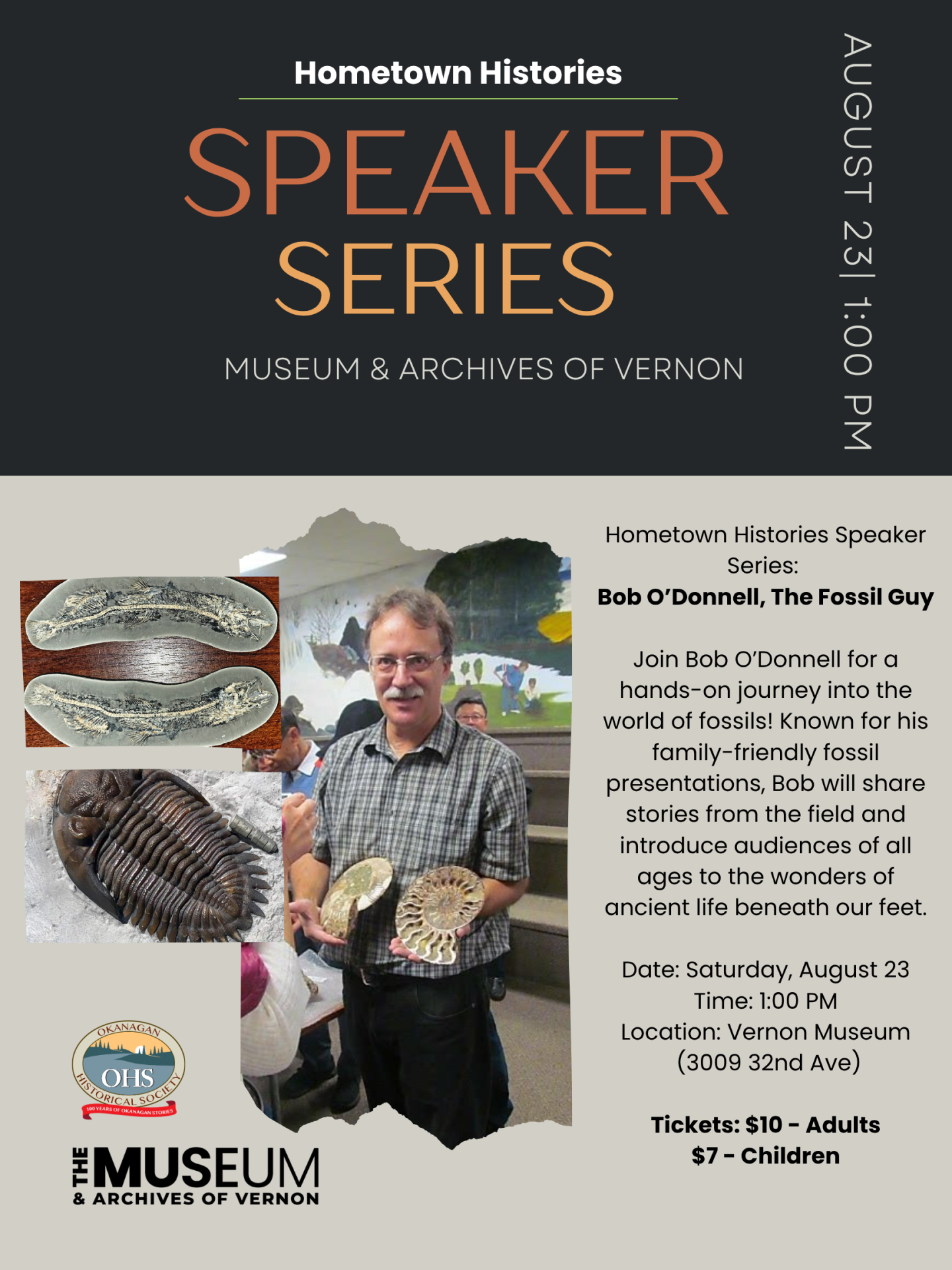 A poster that shows text and a man holding a fossil.
