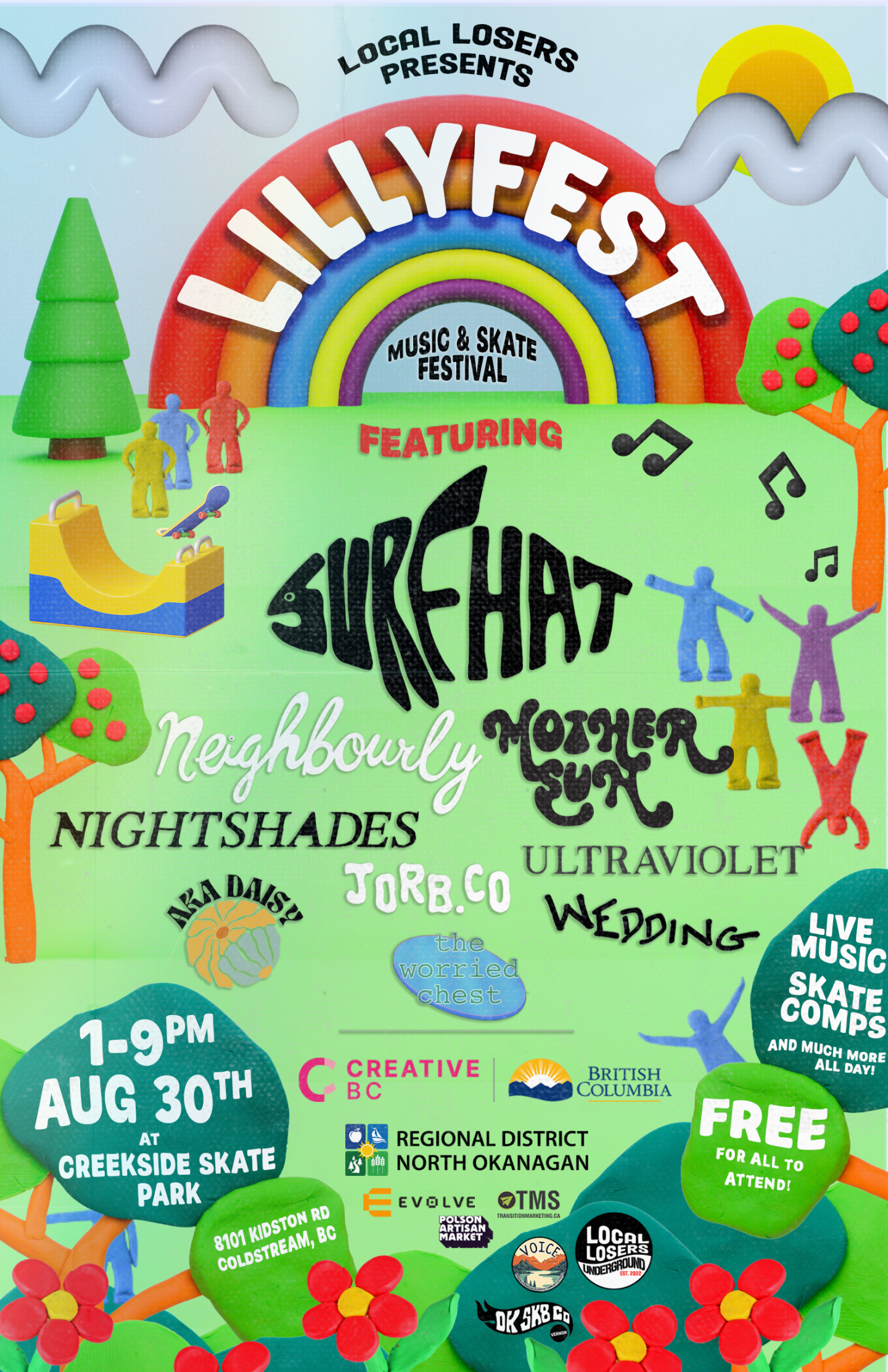 Colorful festival poster with band names and event details, rainbow and trees on top.