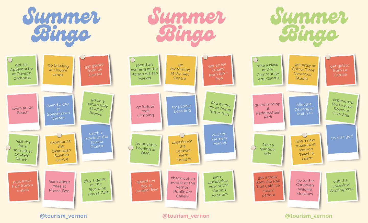Summer Bingo cards with colorful sticky notes on a yellow background.