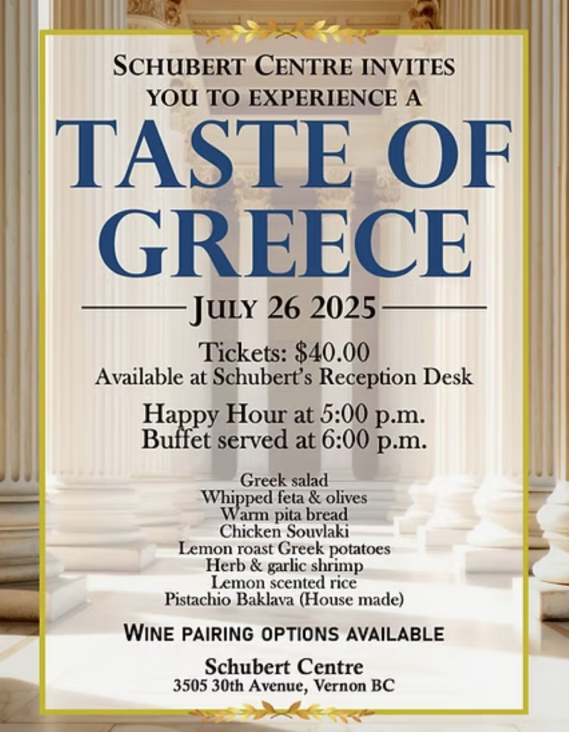 Taste of Greece event poster with date, time, and menu details.