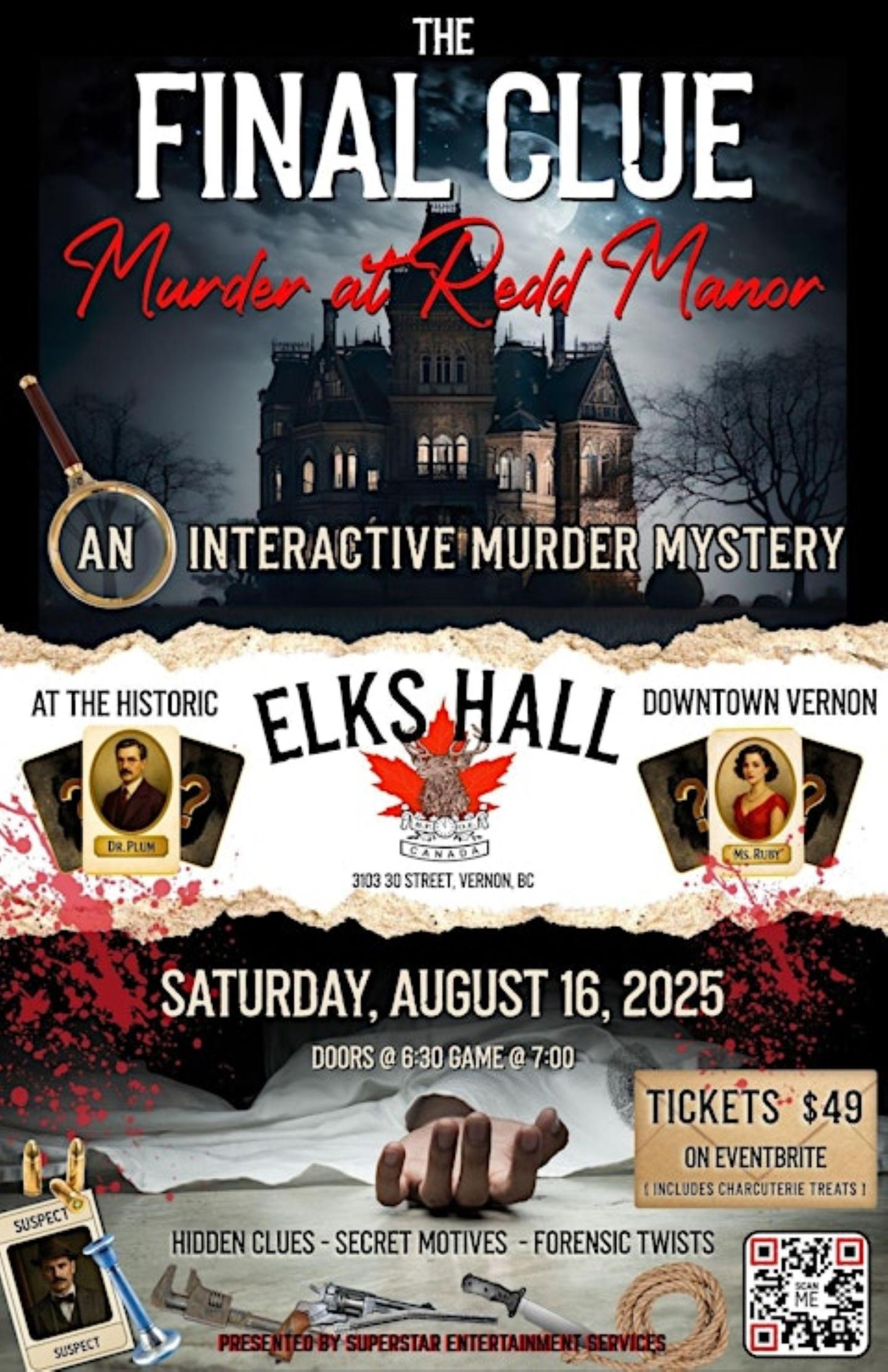 Interactive murder mystery event poster with dark mansion background.