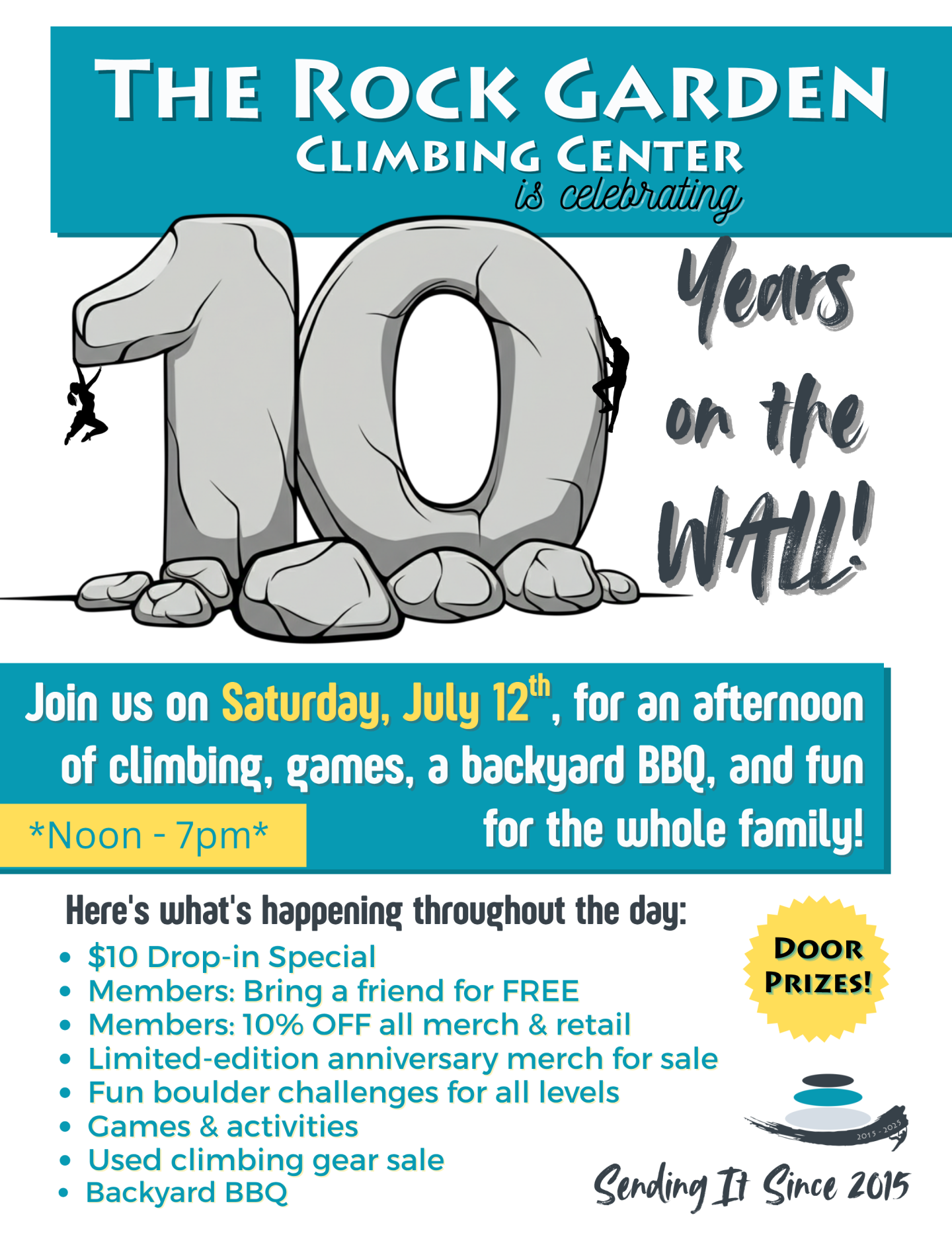 Event poster for "A Decade On the Wall" at The Rock Garden in Vernon on Saturday, July 12. Features climbing graphics and details on the $10 drop-in, BBQ, and family-friendly activities.