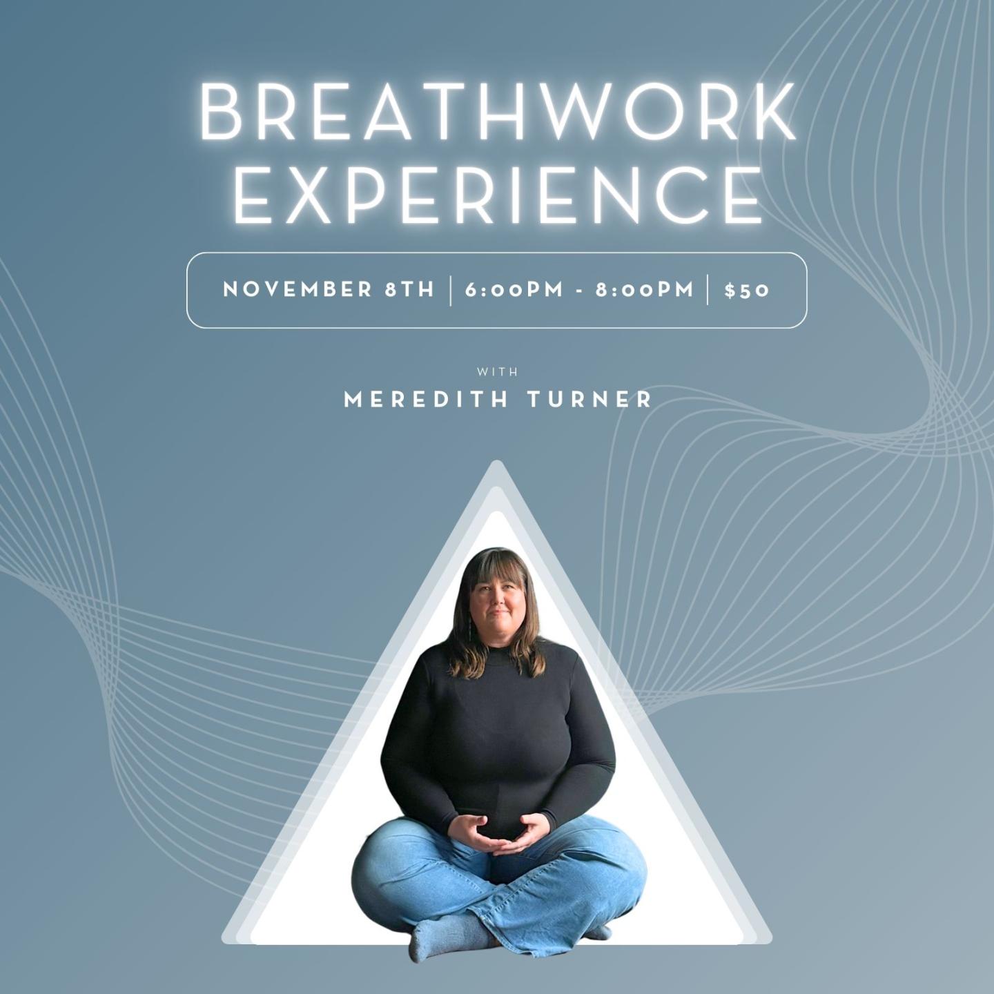 Breathwork event poster with woman meditating in triangle.