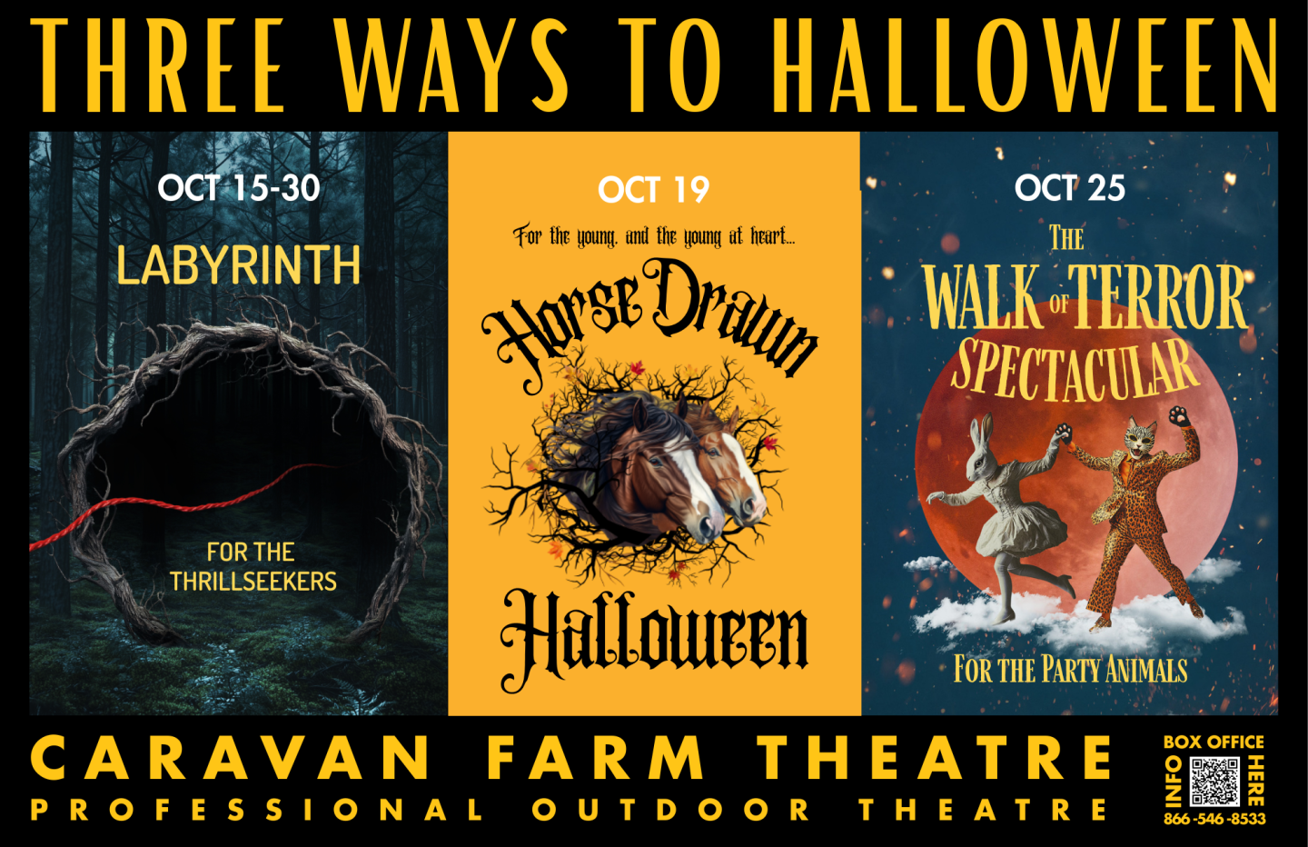 Three Halloween events at Caravan Farm Theatre, with themed posters and dates.