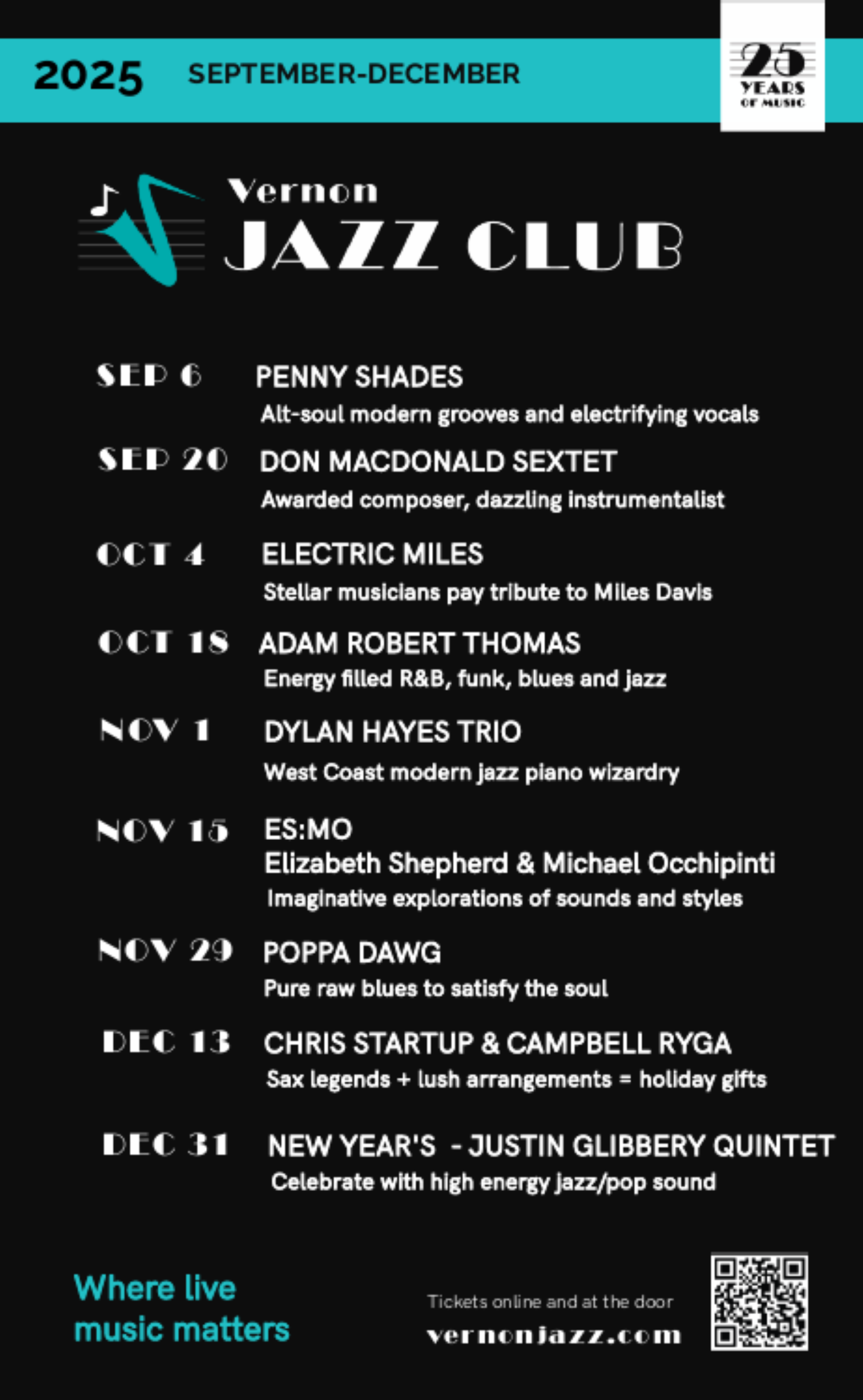 Jazz club events schedule, September to December 2025.