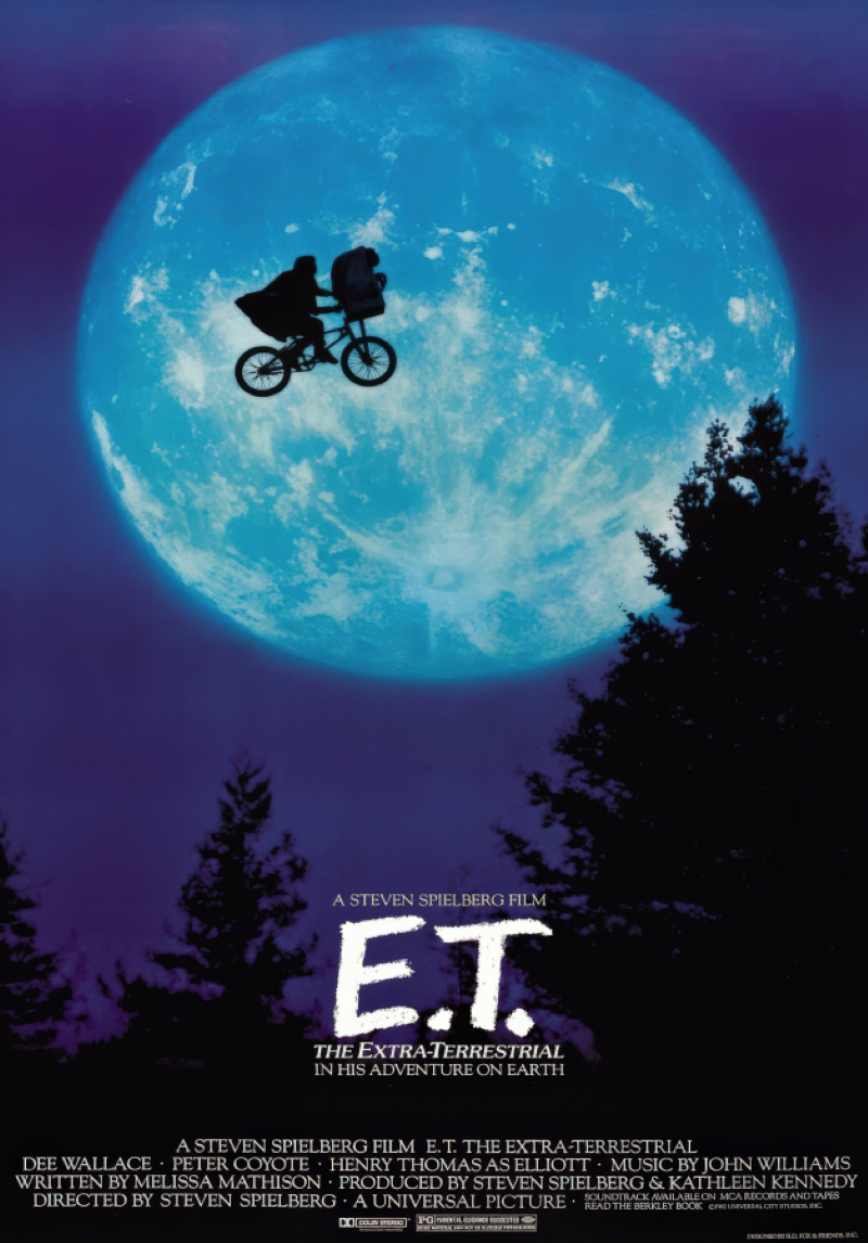 Silhouette of a bicycle flying across a large full moon in a night sky.
