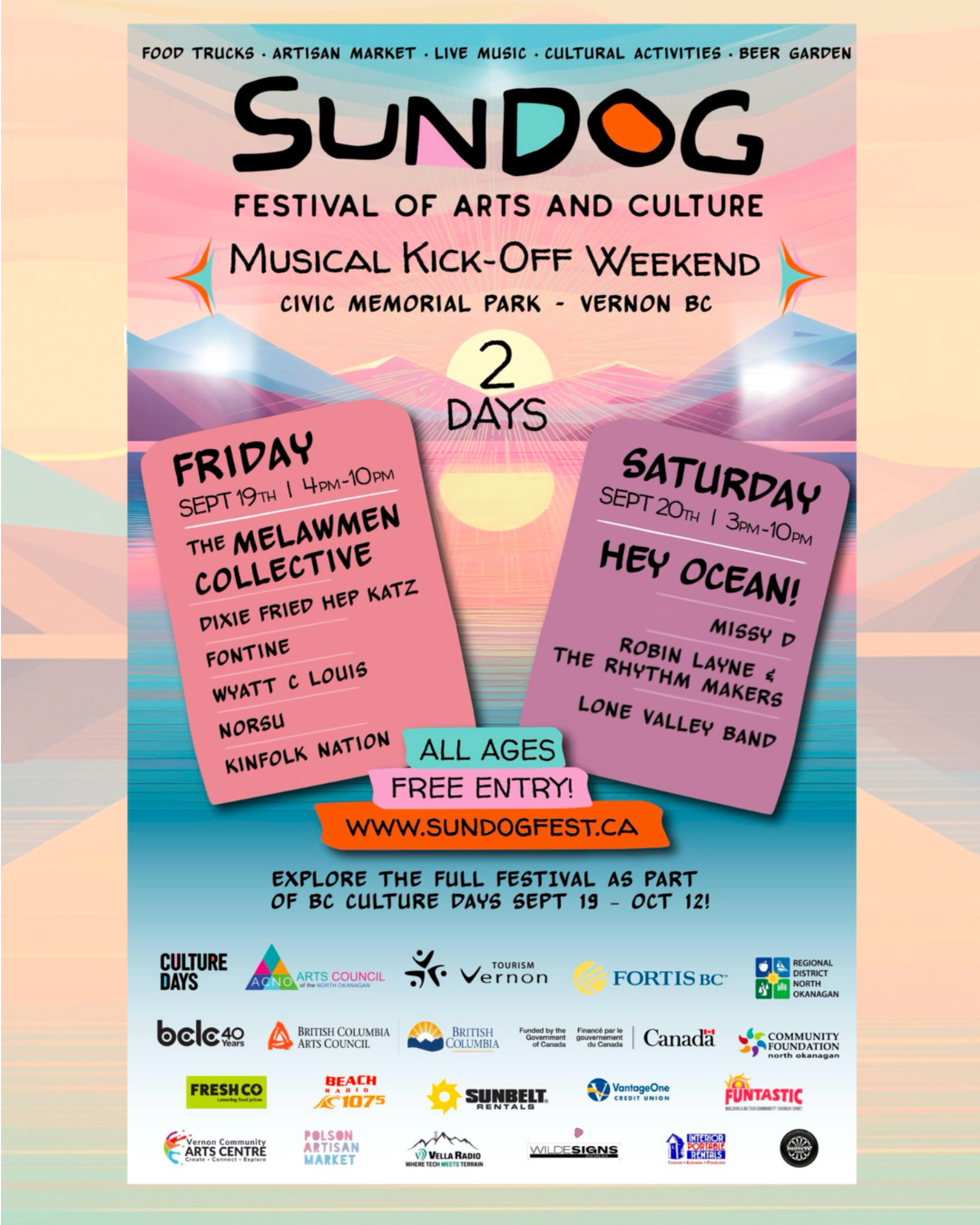 Sundog Arts Festival poster with event details and sponsor logos.