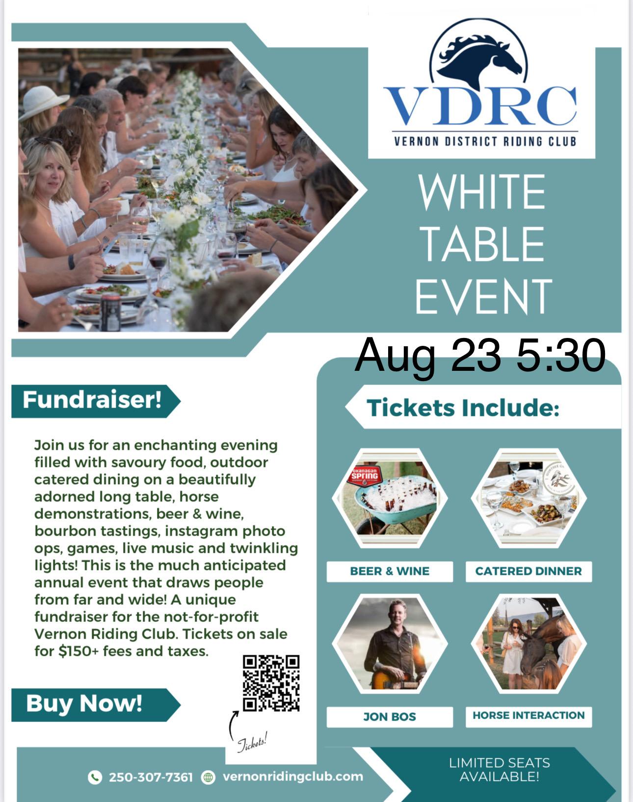 Flyer with photos of past White Table Event festivities including dinner and interactions with horses