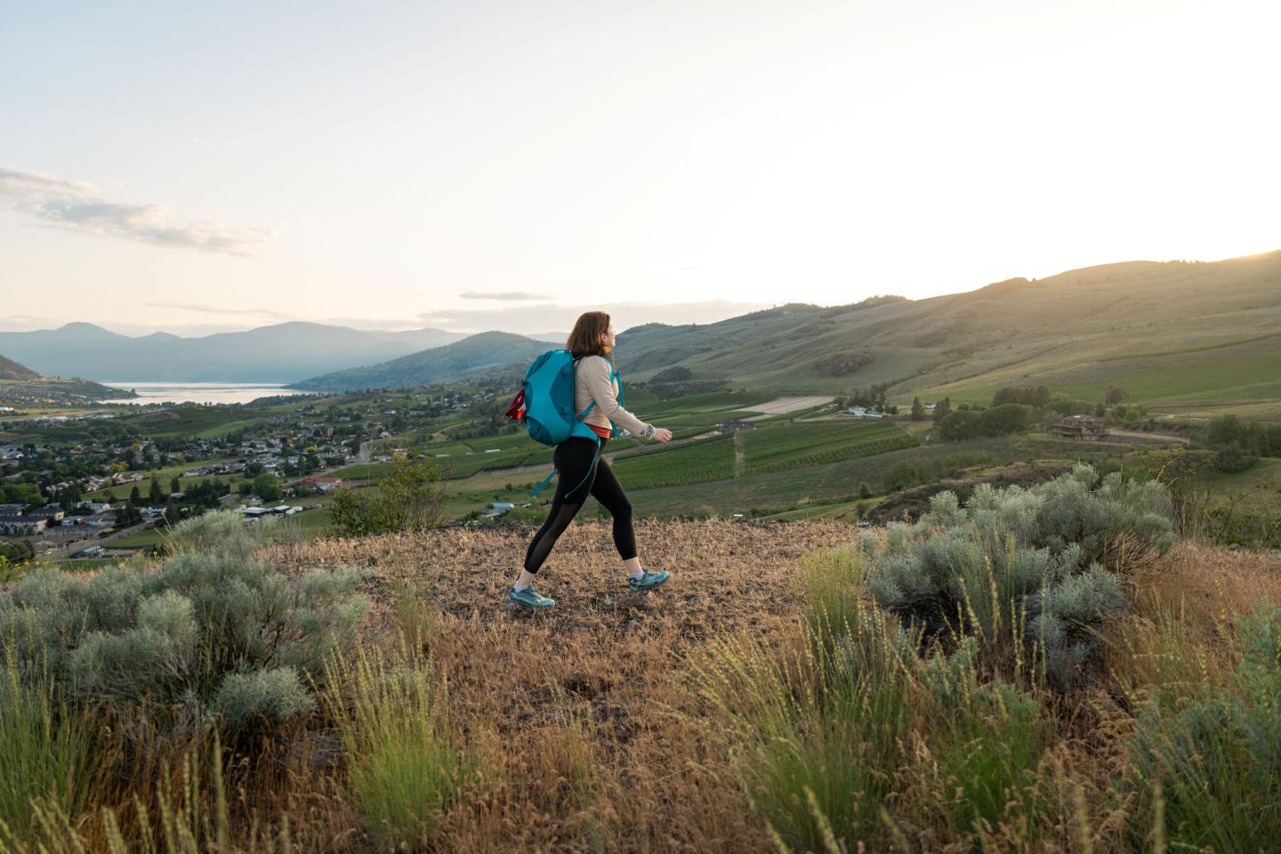 Hiker walking on a grassy hill at sunrise, overlooking a valley and mountains.