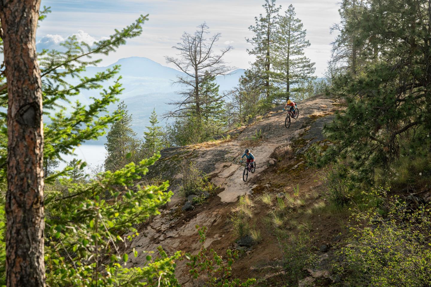 Mountain bikers on a rocky forest trail, surrounded by trees with a distant lake view.