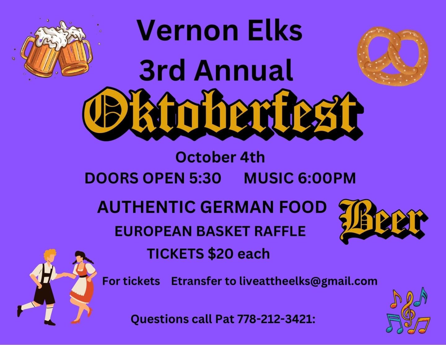 Vernon Elks Oktoberfest event flyer with pretzel and beer illustrations.