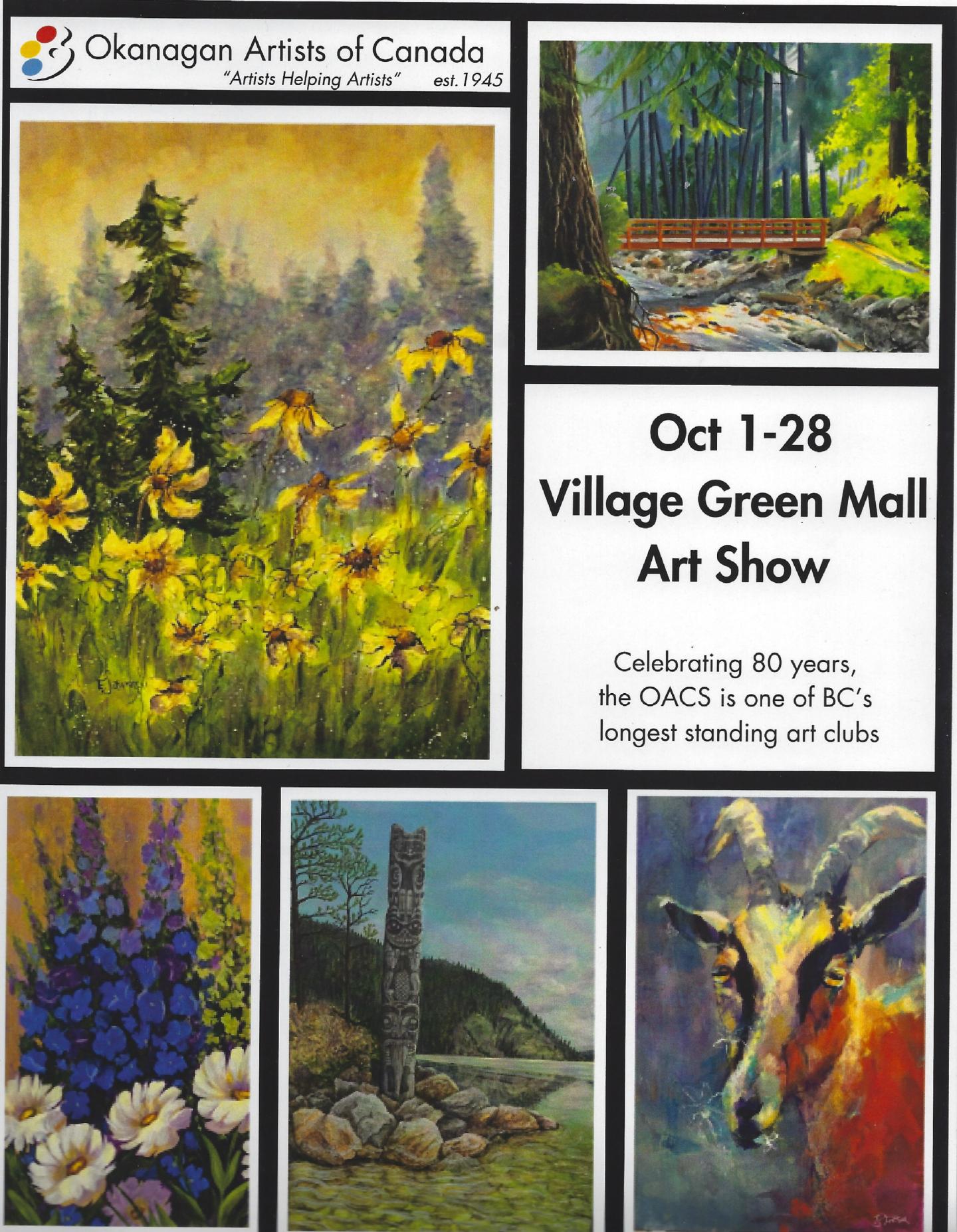 Art show poster with vibrant nature paintings and show details.