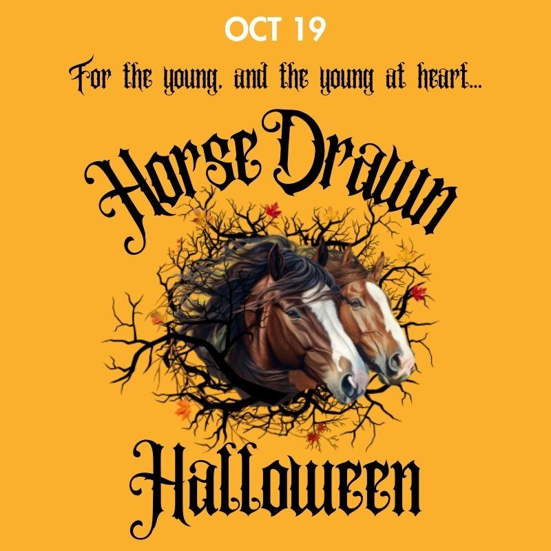 Horse heads with autumn leaves on yellow Halloween graphic.