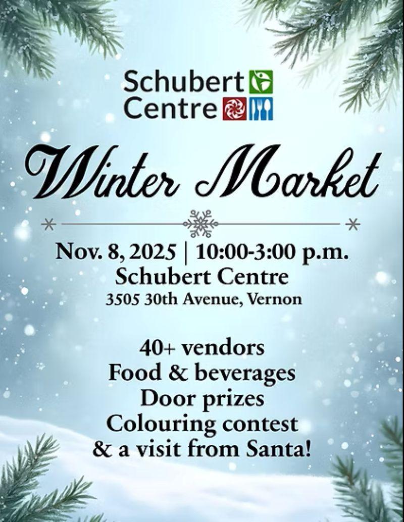 Winter Market flyer with festive pine branches and snowflakes.