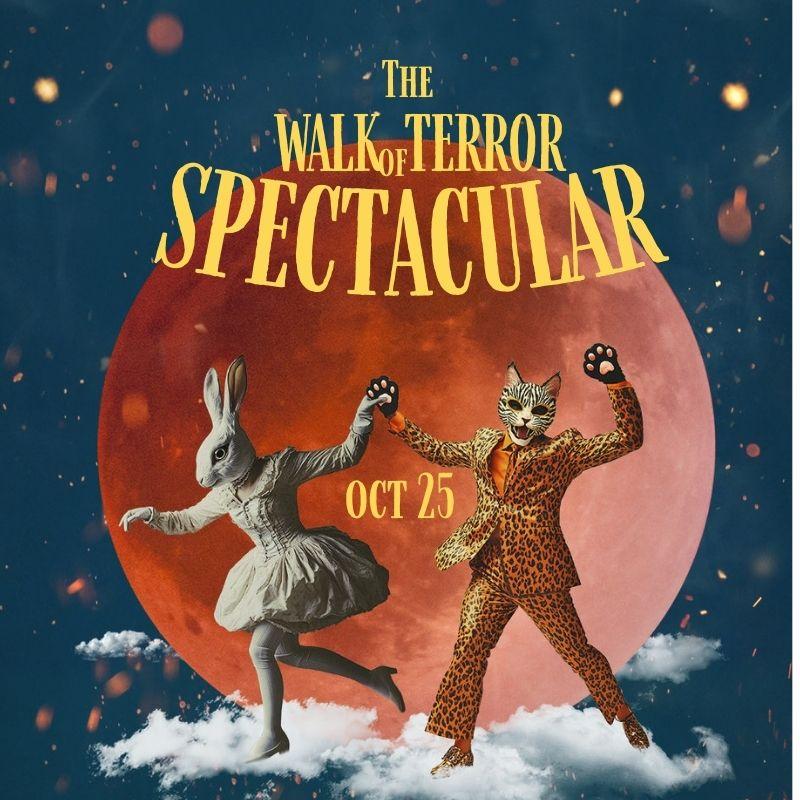 Dancing rabbit and cat in costumes under a red moon.