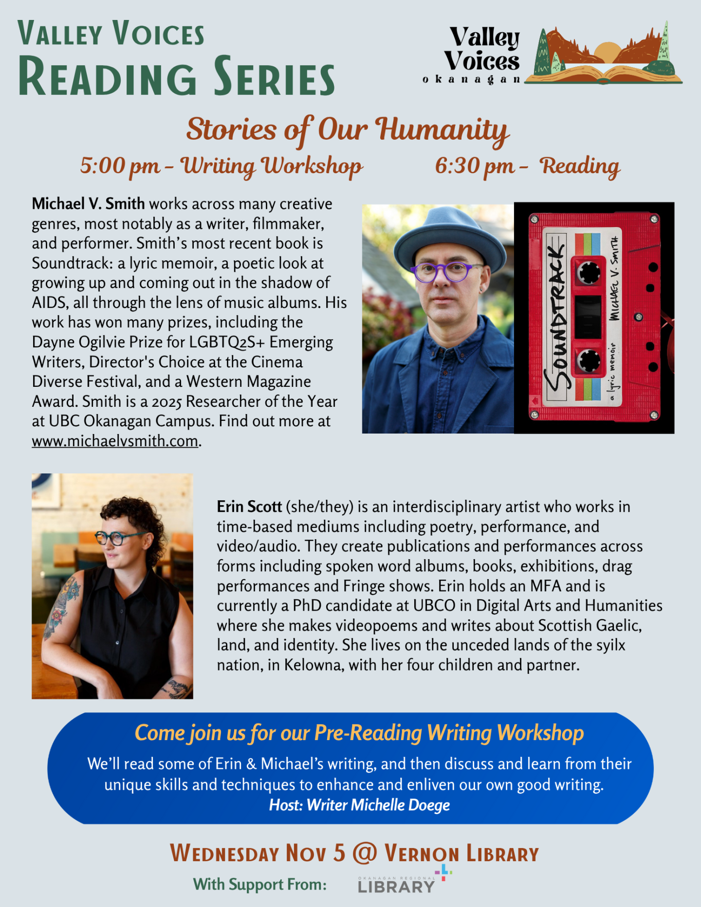 Valley Voices Reading Series flyer with photos of two speakers.