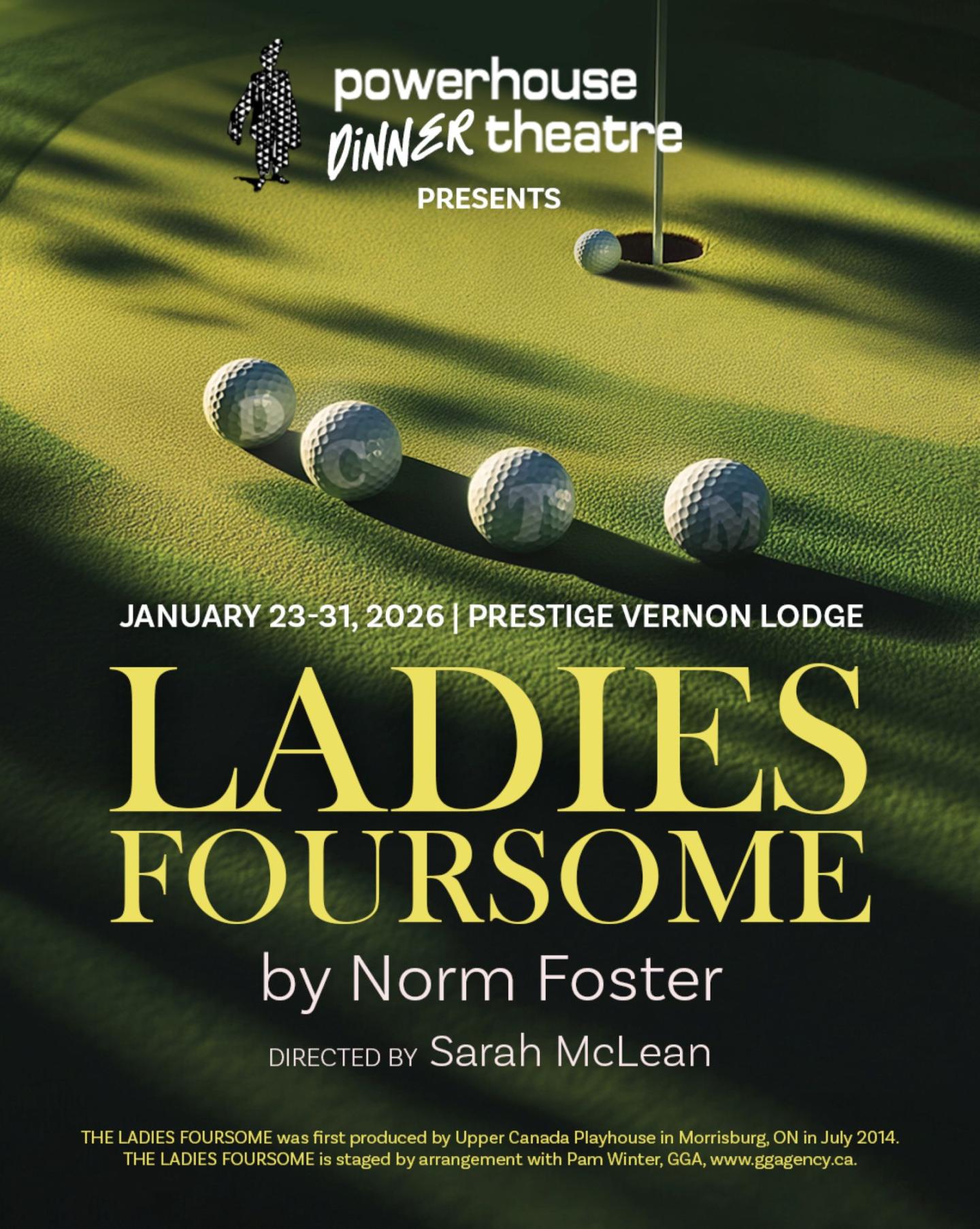 Golf course with balls and "Ladies Foursome" play announcement.